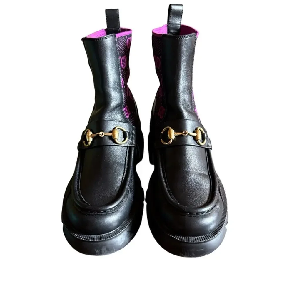 Gucci Quebec Leather Technical GG Monogram Horsebit Ankle Boots EU 38 US 8